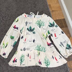 Ivory Botanical Print Pleated Hem Blouse